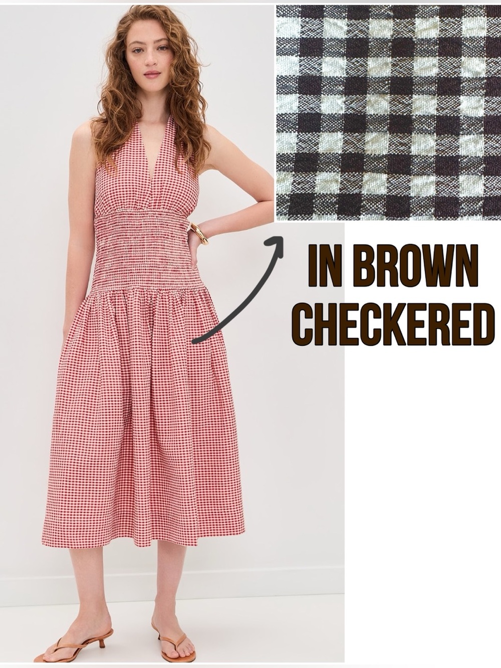 Wayf Brown and White Checkered Halter Midi Dress